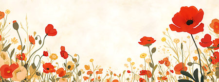 Colorful floral illustration showcases red poppies and yellow flowers, set against a soft beige backdrop, perfect for adding a cheerful touch to various design projects, AI generatedの素材