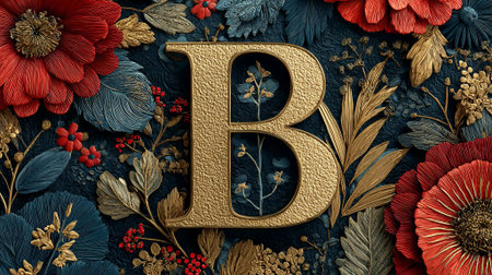 Golden letter B is beautifully surrounded by detailed floral elements in red and blue hues, showing an artistic and elegant design with rich textures and colors, AI generatedの素材