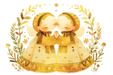 Two adorable angelic figures share a peaceful, heartfelt moment surrounded by gentle foliage and soft golden hues, radiating warmth and serenity. Generated A.I.の素材