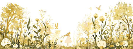 A young girl in a white dress is surrounded by a lush field of yellow flowers and greenery, with butterflies fluttering around, evoking a sense of tranquility and wonder, AI generatedの素材