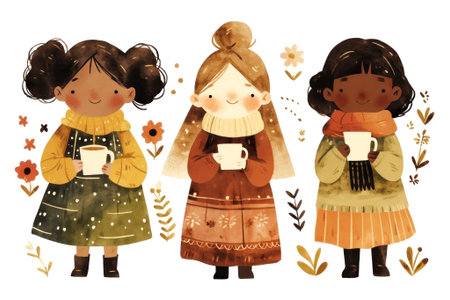 Charming illustration of three friends in cozy outfits with warm drinks. The design evokes a feeling of warmth and joy through delightful patterns and earthy tones. Generated A.I.の素材