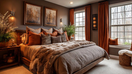 Inviting bedroom showcases a plush bed adorned with decorative pillows, warm colors, and large windows that bring in natural light, enhancing the cozy ambiance, AI generatedの素材