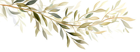 Watercolor illustration featuring olive branches in soft green and beige tones, evoking a tranquil and organic feel, perfect for various design applications, AI generatedの素材