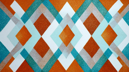 Vibrant geometric design showcases diamonds in orange, turquoise, white, and gray, creating a lively and dynamic texture suitable for various artistic applications, AI generatedの素材