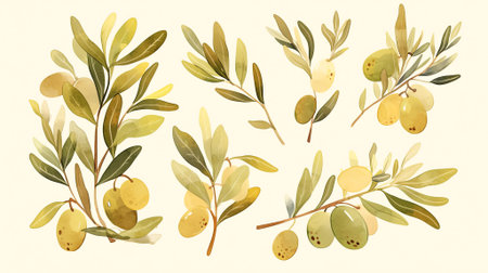 Beautiful watercolor illustration featuring olive branches adorned with green and yellow olives, highlighting the natural beauty of the leaves and fruits in a soft, artistic style, AI generatedの素材