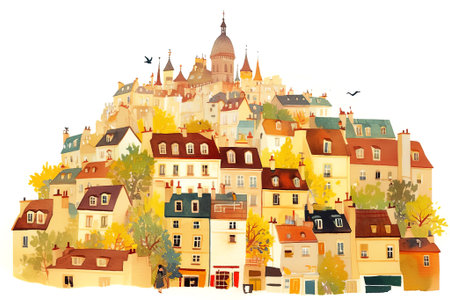 Vibrant hillside village illustration featuring charming houses, colorful trees, and a prominent dome structure, creating a picturesque autumn scene filled with warmth and character, AI generatedの素材