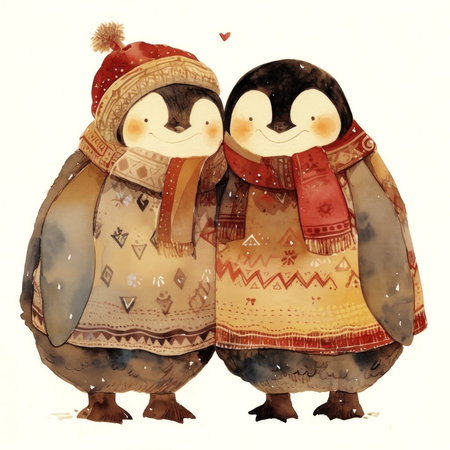 Adorable penguins in cozy winter attire embracing warmth and friendship. The soft snowflakes add to the charm of this heartwarming moment. Perfect for seasonal vibes. Generated A.I.の素材