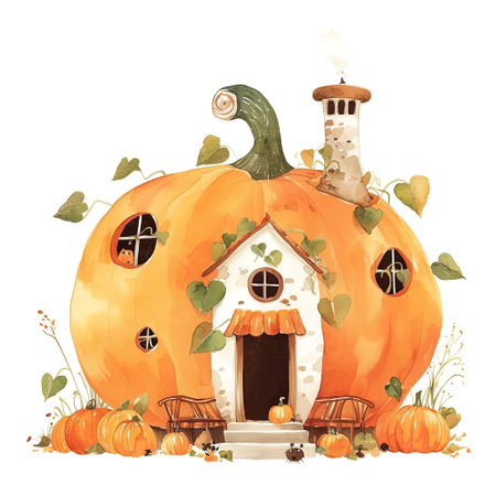Cozy autumn vibes with this charming pumpkin house illustration. Perfect blend of whimsy and warmth for your seasonal decor. Generated A.I.の素材