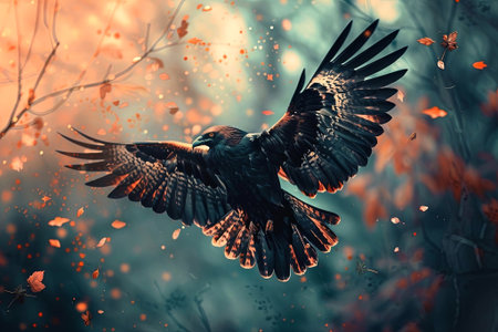 Majestic bird in mid-flight, surrounded by vibrant autumn leaves and a dreamy blue sky. Capture the essence of freedom and nature beauty. Perfect for inspiring or relaxing moments. Generated A.I.の素材