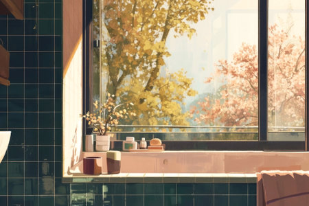 Sunlight pours through an autumn-kissed window, casting a serene glow over the cozy bathroom scene. A perfect blend of nature and tranquility. Generated A.I.の素材