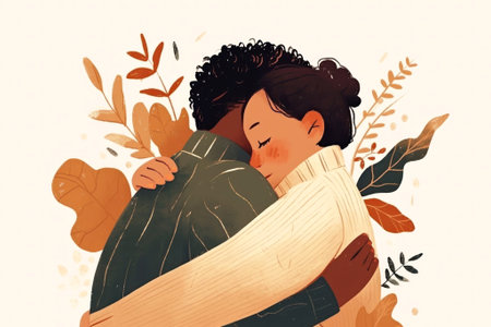 Heartwarming embrace captured in a cozy, autumnal illustration. Gentle colors and soothing vibes evoke feelings of warmth and connection. Perfect for inspiring love and comfort. Generated A.I.の素材