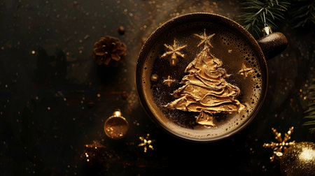 Cozy up with a festive latte adorned with a sparkling Christmas tree design. Perfect for holiday vibes and warm moments. Generated A.I.の素材