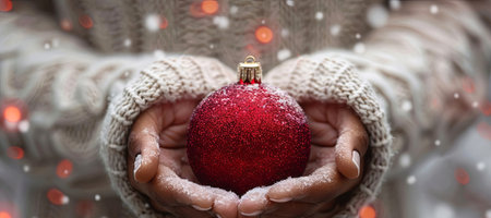 Embrace the holiday spirit with cozy mittens holding a sparkling red ornament, capturing the essence of winter magic. Generated A.I.の素材