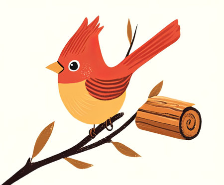 Small bird illustration perched on a branch, featuring bright red and yellow colors, with autumn leaves in the background, capturing the essence of nature charm, AI generatedの素材