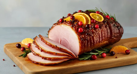 Indulge in the aroma of a perfectly glazed ham, garnished with vibrant cranberries and citrus slices, set on a rustic board. A festive delight for a gourmet experience. Generated A.I.の素材