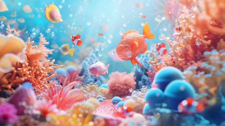Dive into a vibrant underwater world where colorful fish swim amidst coral wonders and bubbles dance to the surface. A magical ocean symphony captured. Generated A.I.の素材