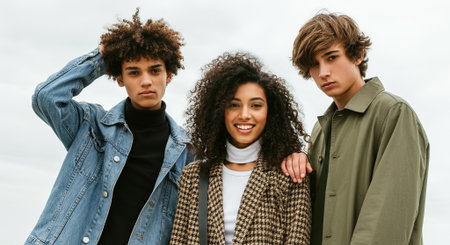 Three friends exuding effortless style against a clear sky backdrop, embodying youthful energy and casual vibes. Perfect for fashion inspirations and lifestyle features. Generated A.I.の素材