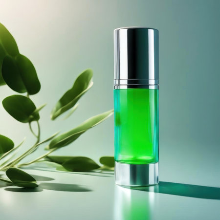 Experience the essence of luxury with this stunning green bottle against a serene backdrop. Perfect for skincare and beauty enthusiasts seeking elegance and simplicity. Generated A.I.の素材