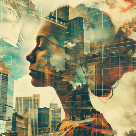Urban Dreamscape. A seamless blend of a woman silhouette with the cityscape, illustrating the symbiosis of humanity and urban life. Generated A.I.の素材