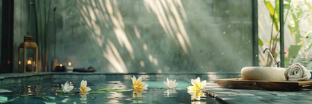 Immerse yourself in tranquility with this serene spa scene, where floating lotus flowers and soft candlelight create the perfect escape. Generated A.I.の素材