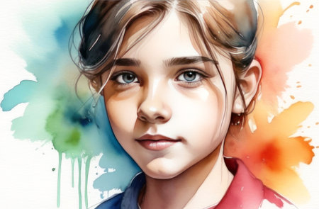 Beautiful digital portrait of a young teen girl with expressive blue eyes, set against a colorful watercolor background. The realistic yet artistic depiction showcases a blend of innocence and creativity. Generated AI.の素材