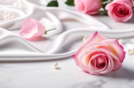 Radiant pink rose on a soft, white fabric backdrop with scattered pearls, capturing elegance and tranquility. Perfect for romantic and serene settings. Generated AI.の素材