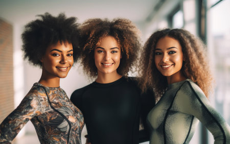 Three joyful women with fabulous afros radiate confidence and sisterhood in a sunlit room, a celebration of beauty, diversity, and friendshipの素材