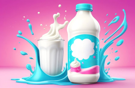 Trending milk splash design with vibrant colors, perfect for creative projects or advertisements. Dive into this fresh and cool art that brings milk to life. Generated AI.の素材