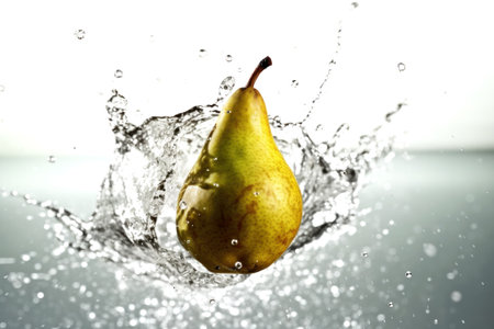 Discover the dynamic beauty of a splash. Captured at the perfect moment, this image showcases a ripe pear making a water splash. Perfect for vibrant, refreshing designsの素材