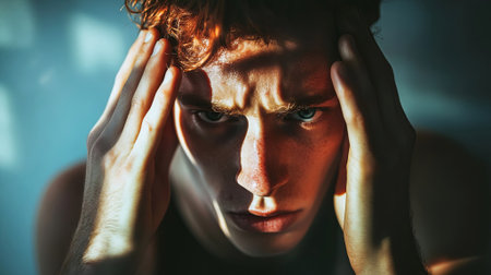 Male figure with red hair is expressing emotional turmoil, holding his head in a dramatic pose, illuminated by striking light and shadow, evoking deep feelings, AI generatedの素材