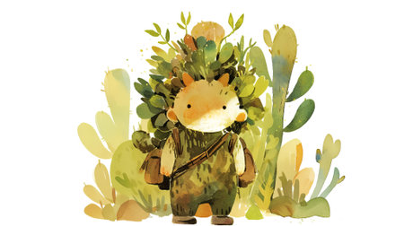 Whimsical creature illustration surrounded by lush greenery, showcasing a playful design that inspires imagination and a love for the natural world, AI generatedの素材