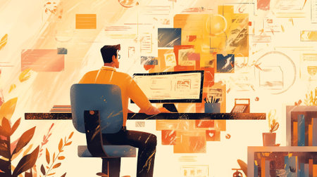 Man engaged in work at a desk with a computer, surrounded by vibrant digital elements and creative materials, illustrating a modern workspace atmosphere. AI generatedの素材