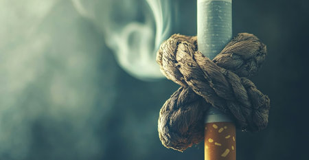 Close-up view of a cigarette bound with a thick rope, representing addiction, with smoke curling upwards, evoking a sense of struggle and tension in the scene, AI generatedの素材