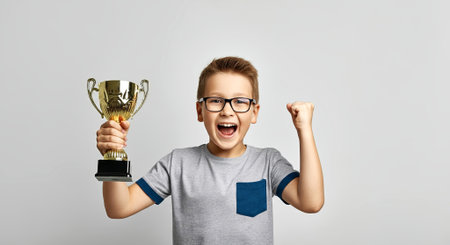 Happy young boy wearing glasses, proudly holding a trophy in celebration, radiating joy and achievement in a simple, clean background, AI generatedの素材