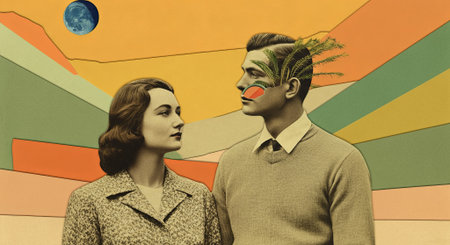 Retro surrealism meets vibrant psychedelia in this captivating collage of couple, where classic figures are enveloped in a dreamscape of vivid colors and lush textures. Generated A.I.の素材