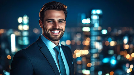 A confident man in a suit smiles against a blurred city skyline, showcasing a dynamic night atmosphere. The image radiates ambition and professionalism. Generated A.I.の素材