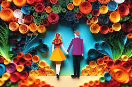 Colorful paper quilling art depicting a couple holding hands, surrounded by vibrant, spiraled patterns. Ideal for art lovers looking to brighten their space. Generated A.I.の素材