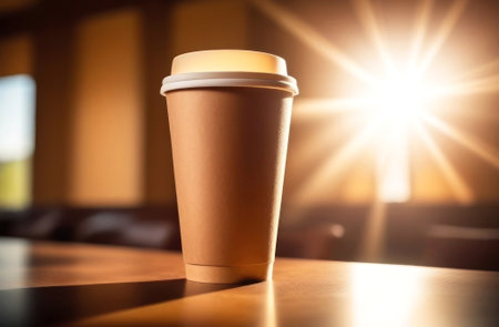 Sunrise coffee bliss with a warm cup perfectly captures the golden morning light. Ideal for coffee lovers and morning inspirations. Generated A.I.の素材