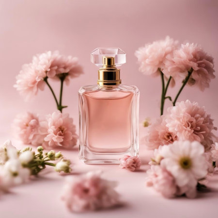 An elegant perfume bottle surrounded by soft pink flowers creates a dreamy and luxurious vibe, perfect for a touch of sophistication and freshness to your space. Generated A.I.の素材