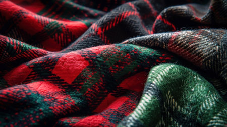 Cozy up with this vividly textured red and green tartan plaid fabric, perfect for creating a warm, festive atmosphere. Generative AI captures the essence of comfortの素材