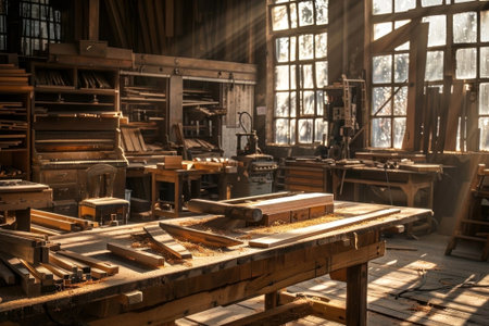 Step into the past with this captivating photo of a vintage woodworking shop, bathed in sunlight streaming through classic windows, highlighting the dust and craftsmanship of a bygone era. Generated A.I.の素材