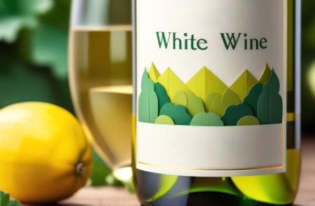 Experience a refreshing sensation with our elegantly bottled white wine, featuring vibrant label art that captures the spirit of nature. Perfect for any occasion. Generated AI.の素材