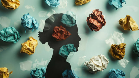 Silhouette of a head filled with crumpled paper symbolizes overthinking. AI generatedの素材