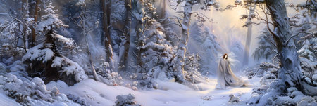 Enchanting winter wonderland scene with a mystical figure amongst snowy trees, invoking a serene, magical atmosphere. Perfect for fantasy enthusiastsの素材