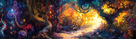 Experience a stunning cosmic journey. This vibrant, fantasy artwork transports you to an otherworldly forest of colors, light, and magic, perfect for wallpapers and prints.の素材