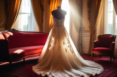 Elegant bridal gown bathed in soft light, poised gracefully in a regal room, picture-perfect for your dream wedding. Generated A.I.の素材