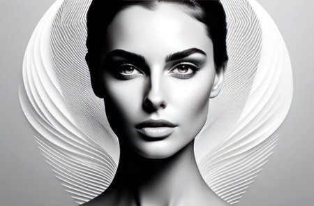 Monochromatic beauty, a stunning portrait blending classic elegance with modern design. Perfect for artistic inspiration or chic decor. Embrace the fusion of tradition and trend. Generated A.I.の素材