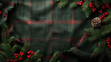 Celebrate the festive with this cozy plaid spirit pattern adorned with pine branches and holly berries, capturing the essence of the holiday season. Generated AIの素材