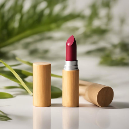 Elegant bamboo-cased lipstick set against a lush green backdrop, exuding natural beauty and eco-friendly vibes. Perfect for conscious beauty enthusiasts. Generated A.I.の素材