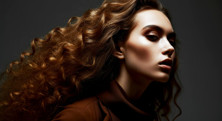 Elegant Portrait of the woman with Voluminous Curly Hair. Fashionable pose. Generated A.I.の素材